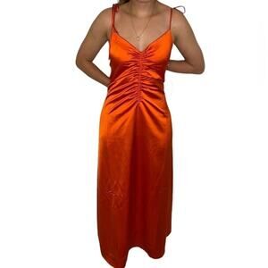 Jason Wu Orange Satin Ruched Sleeveless Open Back Midi Slip Dress Semi Formal